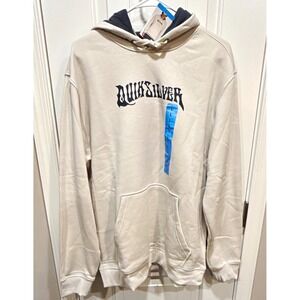 Quiksilver Men's Beige Graphic Logo Pullover Fleece Hoodie Kangaroo Pocket L NWT